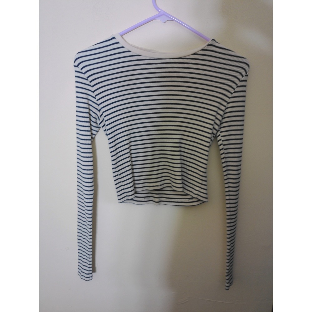 Brandy Melville Long Sleeve Top Womens OS Blue Cream Striped Ribbed Coastal Vibe